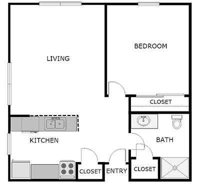 1 bed, 1 bath floor plan